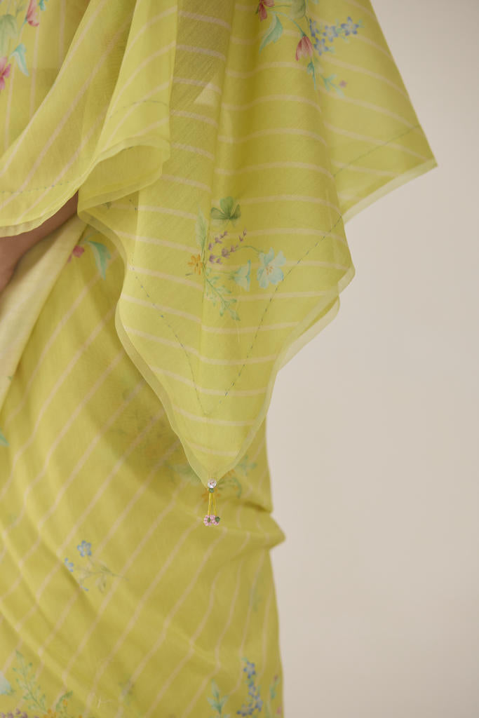 Wildflower Bunch Silk and Cotton Chanderi Sari-Lime silk by Nadiya Paar for women Worldwide
