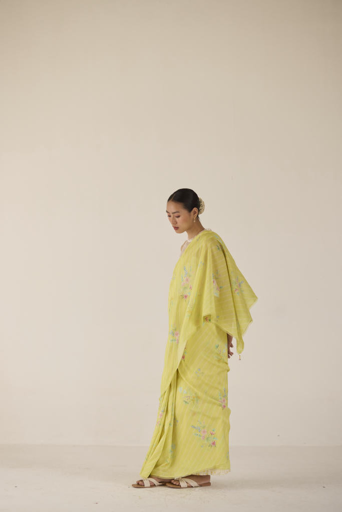 Wildflower Bunch Silk and Cotton Chanderi Sari-Lime