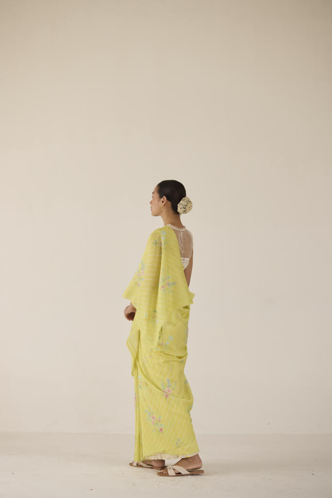 Wildflower Bunch Silk and Cotton Chanderi Sari-Lime