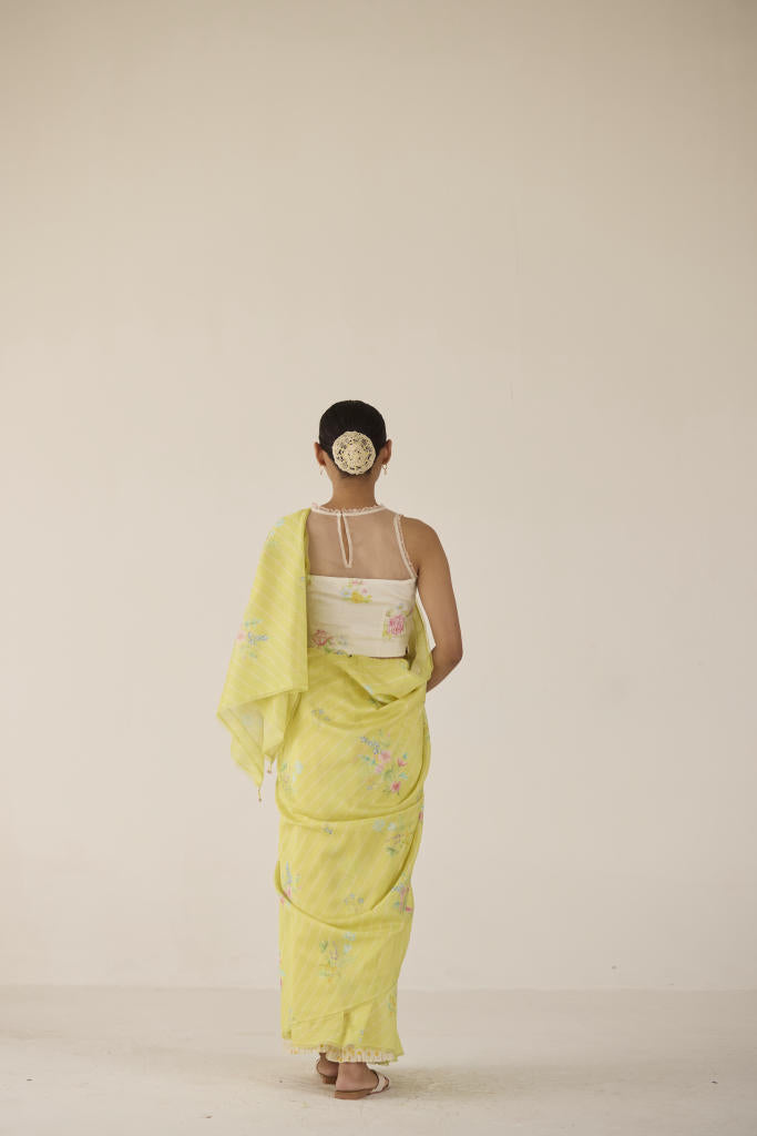 Wildflower Bunch Silk and Cotton Chanderi Sari-Lime silk by Nadiya Paar for women Worldwide