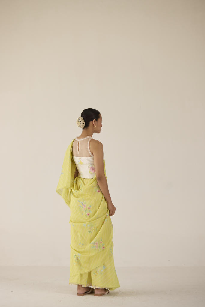 Wildflower Bunch Silk and Cotton Chanderi Sari-Lime silk by Nadiya Paar for women Worldwide