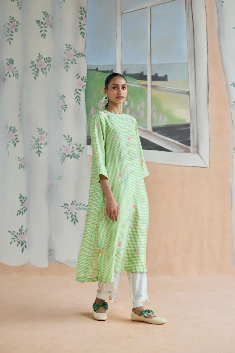 Gentle Pause Long Kurta Set Mulberry Silk silk by Nadiya Paar in green color for women Worldwide