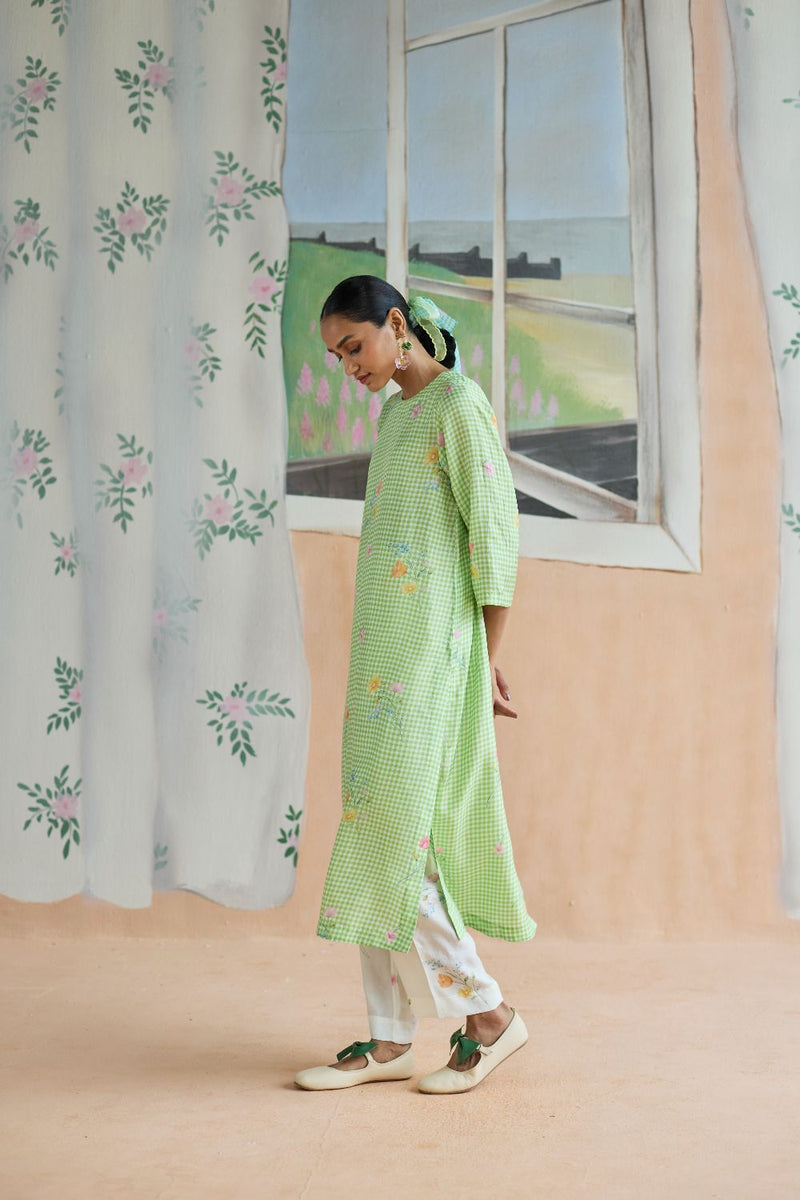 Gentle Pause Long Kurta Set Mulberry Silk silk by Nadiya Paar in green color for women Worldwide