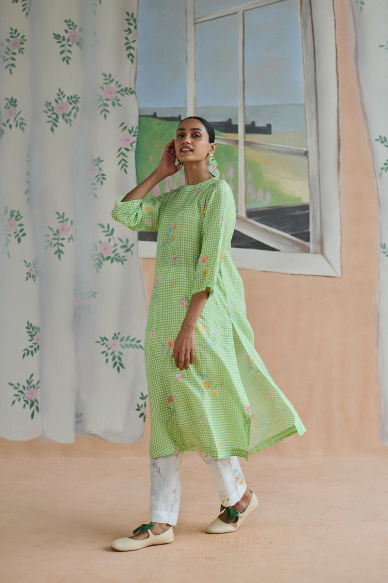 Gentle Pause Long Kurta Set Mulberry Silk silk by Nadiya Paar in green color for women Worldwide