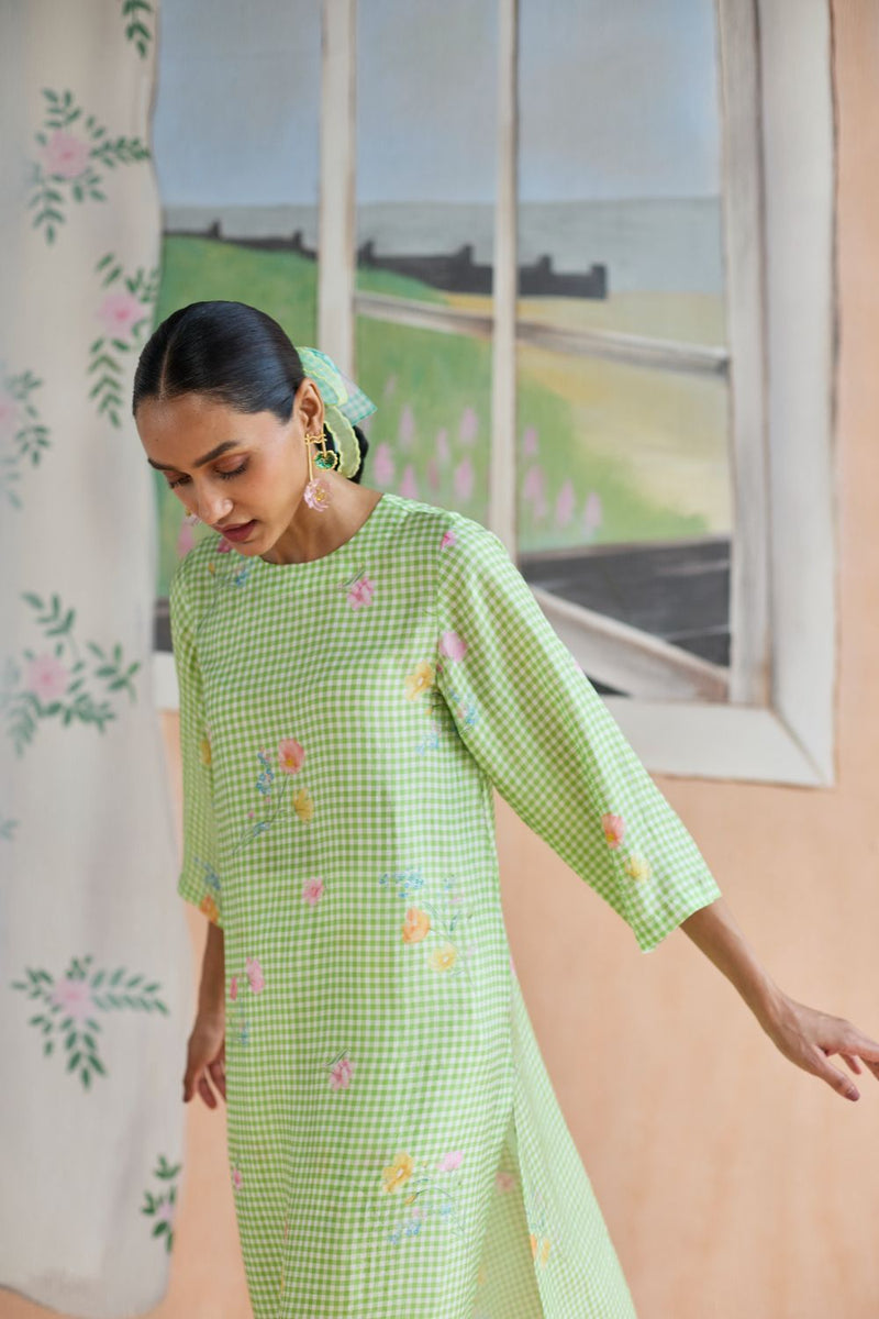 Gentle Pause Long Kurta Set Mulberry Silk silk by Nadiya Paar in green color for women Worldwide