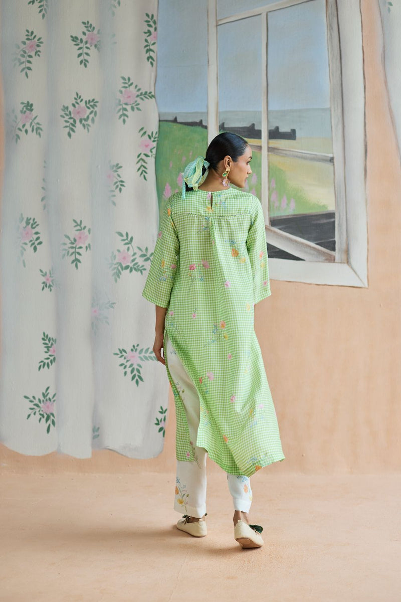 Gentle Pause Long Kurta Set Mulberry Silk silk by Nadiya Paar in green color for women Worldwide