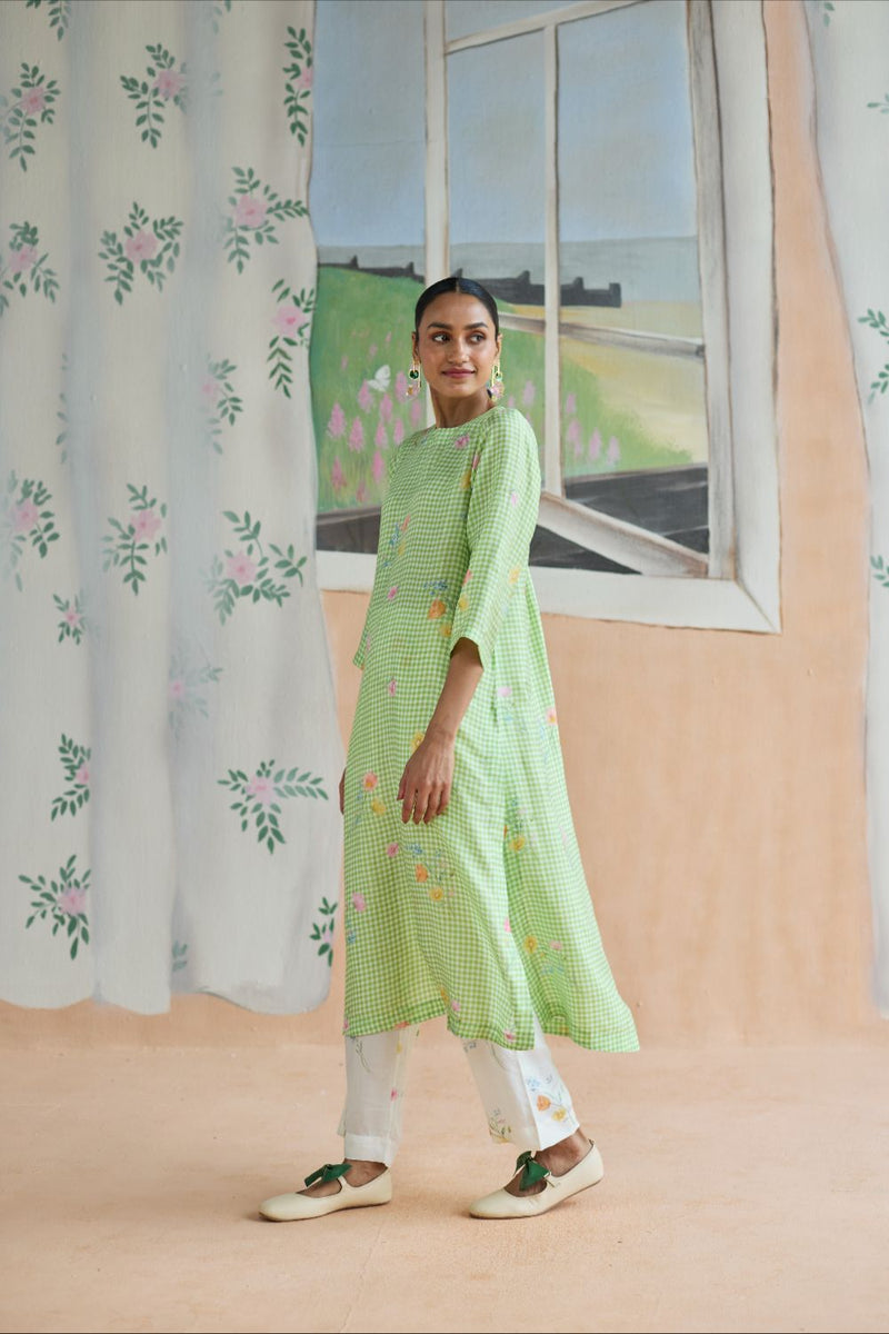 Gentle Pause Long Kurta Set Mulberry Silk silk by Nadiya Paar in green color for women Worldwide