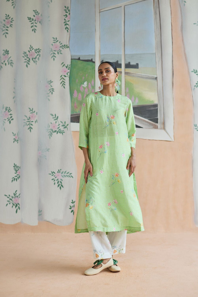 Gentle Pause Long Kurta Set Mulberry Silk silk by Nadiya Paar in green color for women Worldwide