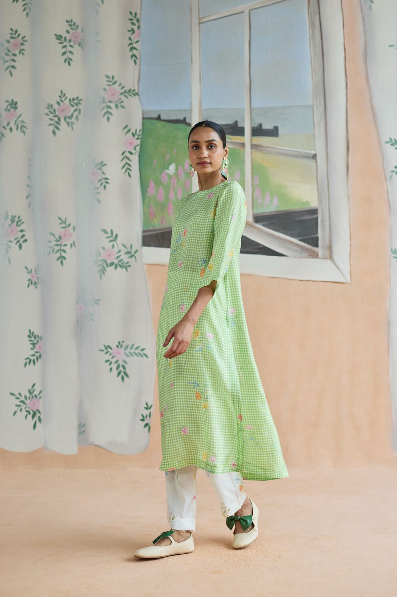 Gentle Pause Long Kurta Set Mulberry Silk silk by Nadiya Paar in green color for women Worldwide