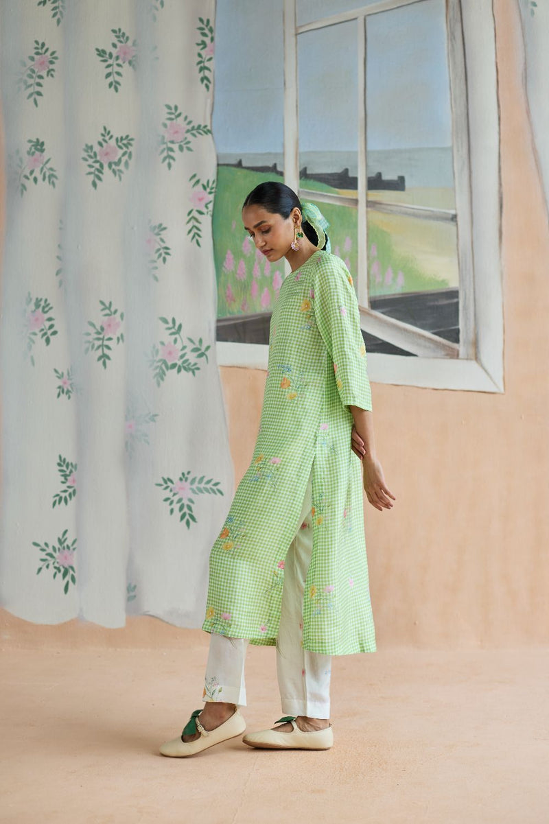 Gentle Pause Long Kurta Set Mulberry Silk silk by Nadiya Paar in green color for women Worldwide