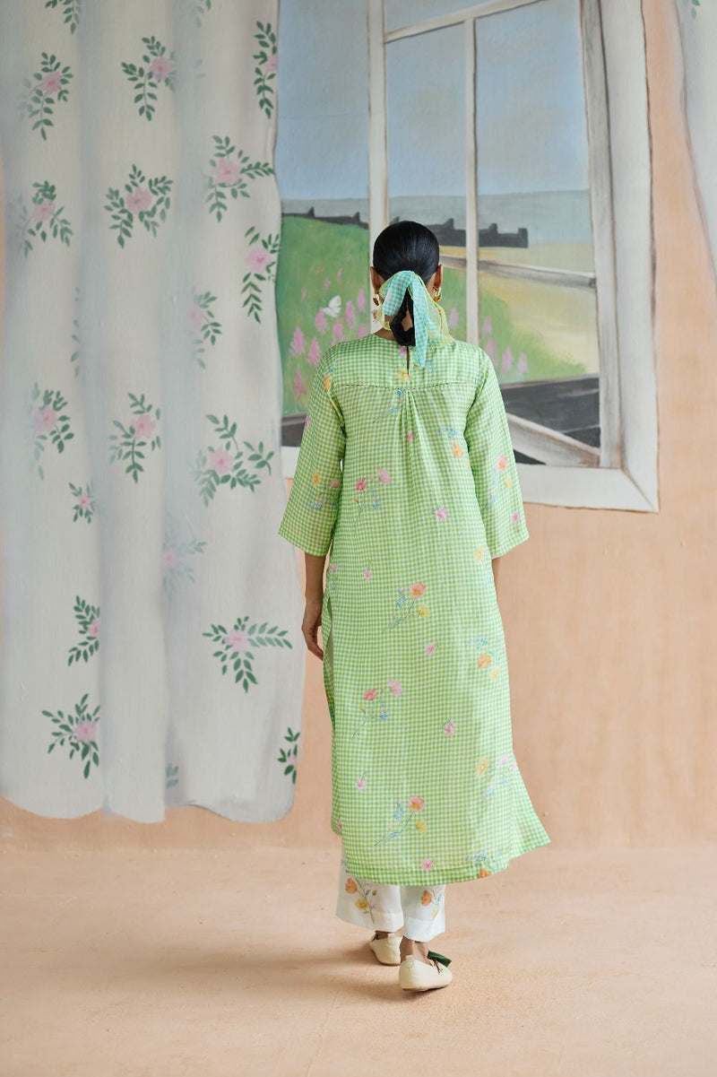 Gentle Pause Long Kurta Set Mulberry Silk silk by Nadiya Paar in green color for women Worldwide