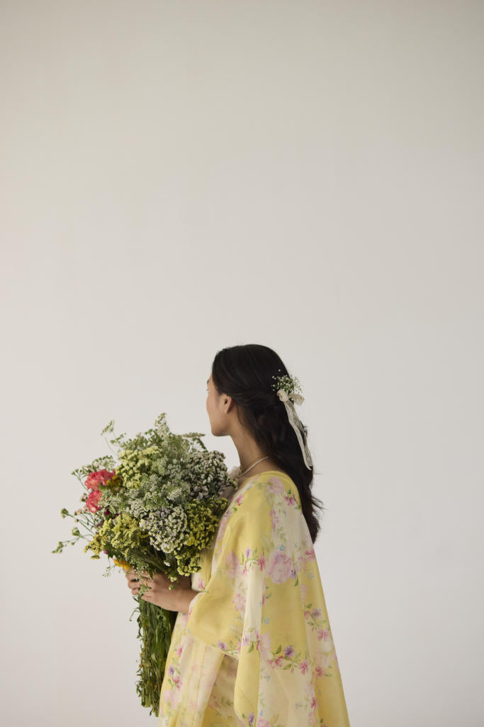 Rose Garden Silk and Cotton Chanderi Sari-Yellow silk by Nadiya Paar in yellow color for women Worldwide