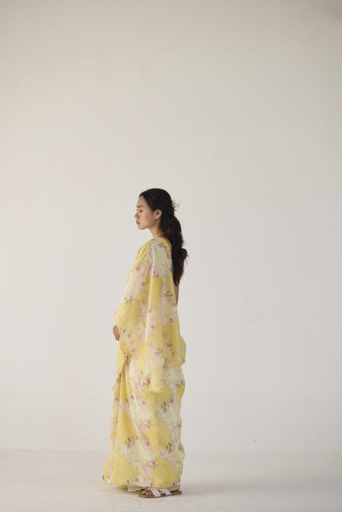 Rose Garden Silk and Cotton Chanderi Sari-Yellow silk by Nadiya Paar in yellow color for women Worldwide