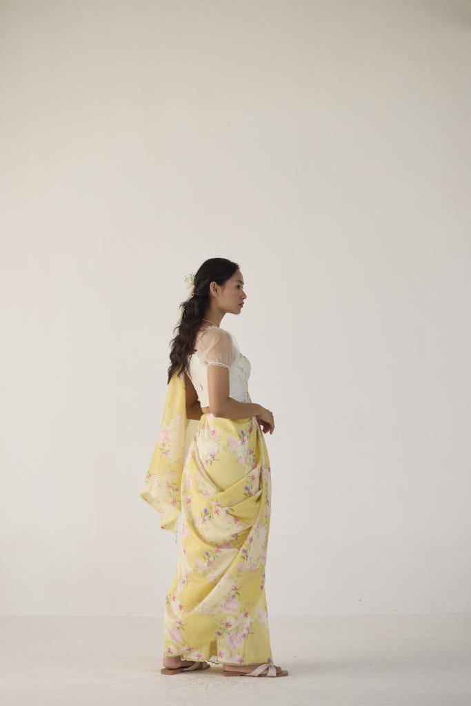 Rose Garden Silk and Cotton Chanderi Sari-Yellow silk by Nadiya Paar in yellow color for women Worldwide