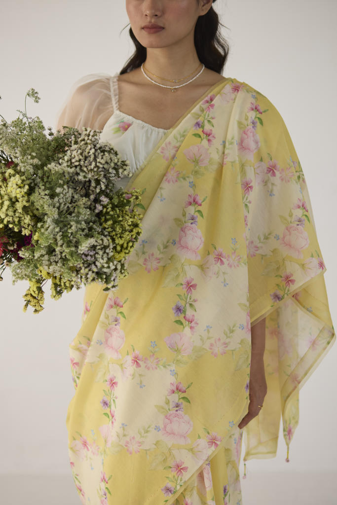 Rose Garden Silk and Cotton Chanderi Sari-Yellow silk by Nadiya Paar in yellow color for women Worldwide