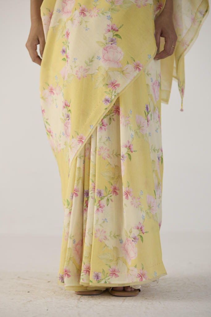 Rose Garden Silk and Cotton Chanderi Sari-Yellow silk by Nadiya Paar in yellow color for women Worldwide