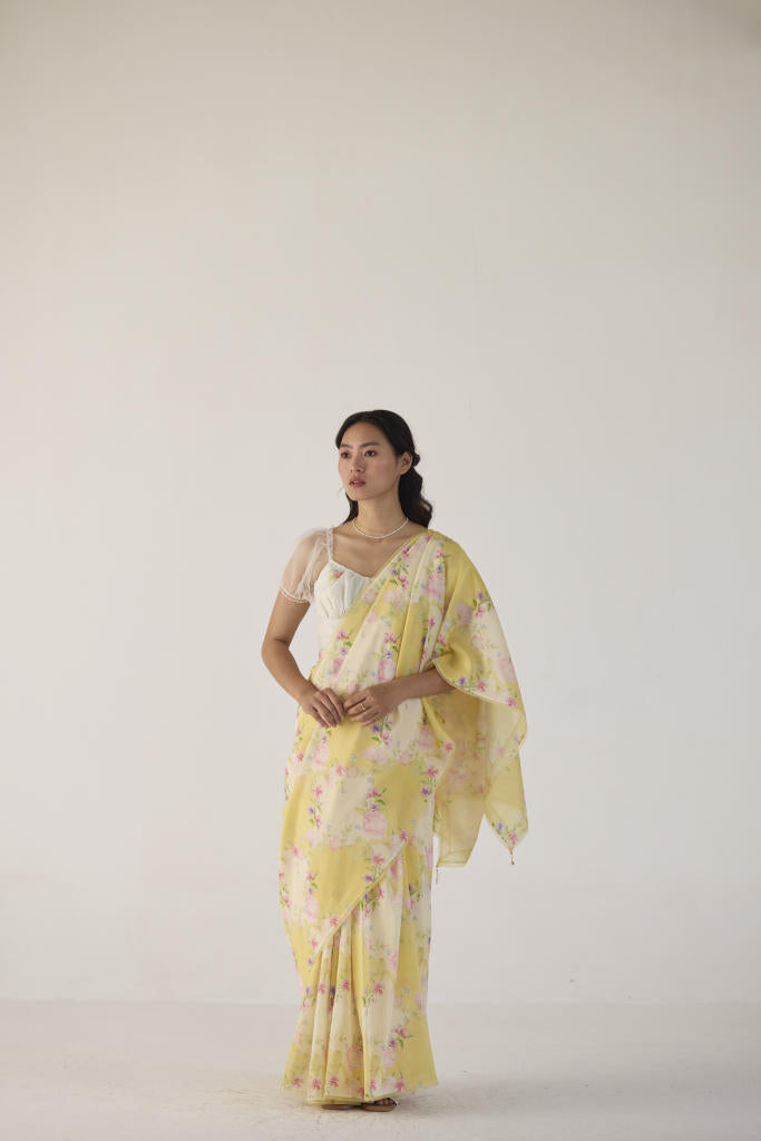 Rose Garden Silk and Cotton Chanderi Sari-Yellow silk by Nadiya Paar in yellow color for women Worldwide