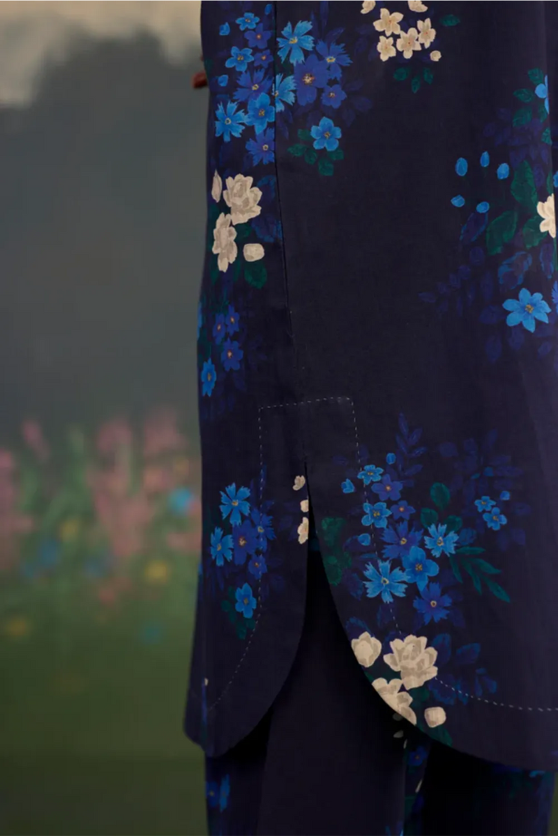 Blue Morning Glory Short Kurta Set V Neck Cotton cotton by Nadiya Paar in blue color for women Worldwide