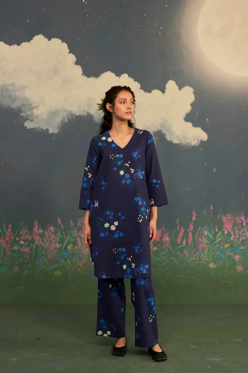 Blue Morning Glory Short Kurta Set V Neck Cotton cotton by Nadiya Paar in blue color for women Worldwide