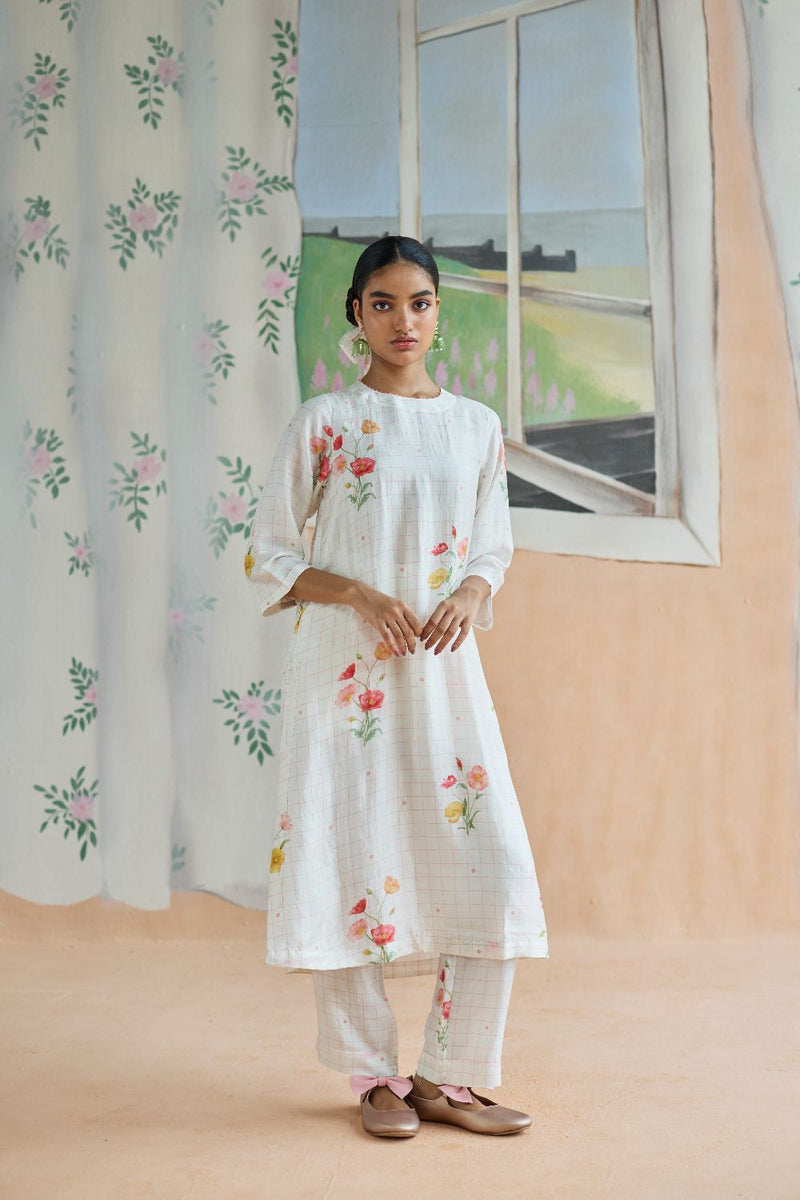 Poppy Long Kurta Set Mulberry Silk silk by Nadiya Paar in white color for women Worldwide