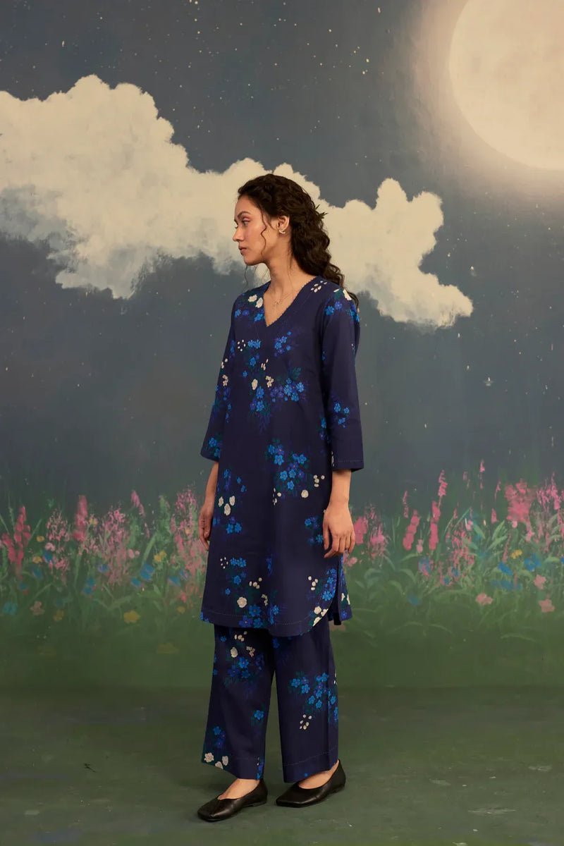 Blue Morning Glory Short Kurta Set V Neck Cotton cotton by Nadiya Paar in blue color for women Worldwide