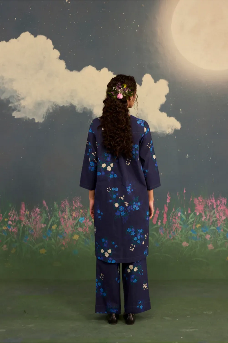 Blue Morning Glory Short Kurta Set V Neck Cotton cotton by Nadiya Paar in blue color for women Worldwide