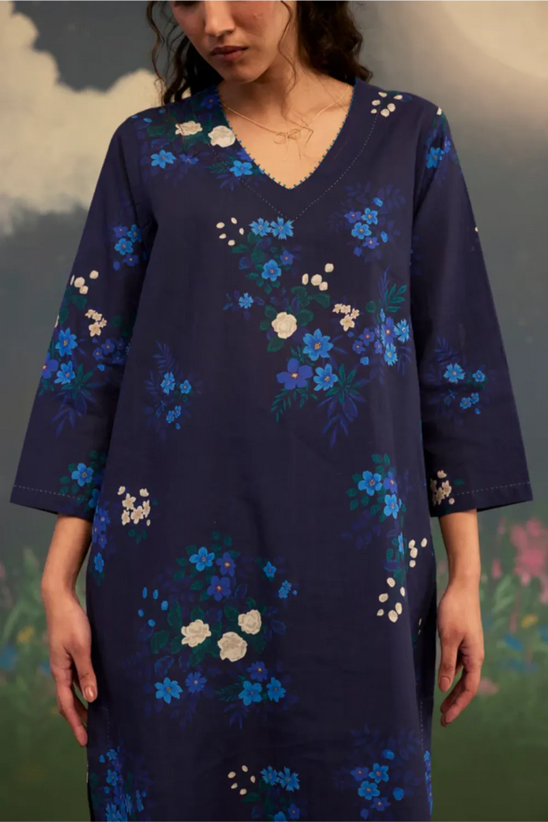 Blue Morning Glory Short Kurta Set V Neck Cotton cotton by Nadiya Paar in blue color for women Worldwide