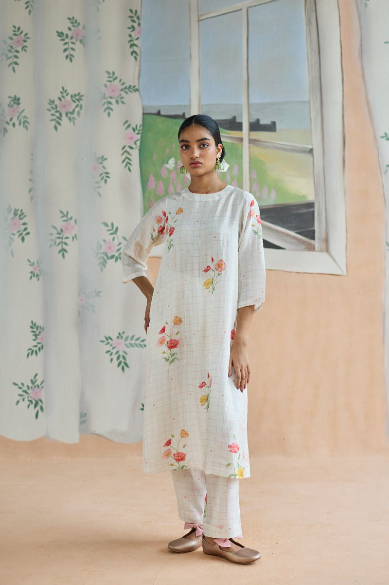 Poppy Long Kurta Set Mulberry Silk silk by Nadiya Paar in white color for women Worldwide