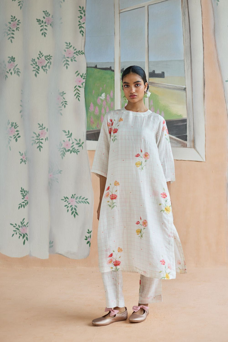 Poppy Long Kurta Set Mulberry Silk silk by Nadiya Paar in white color for women Worldwide