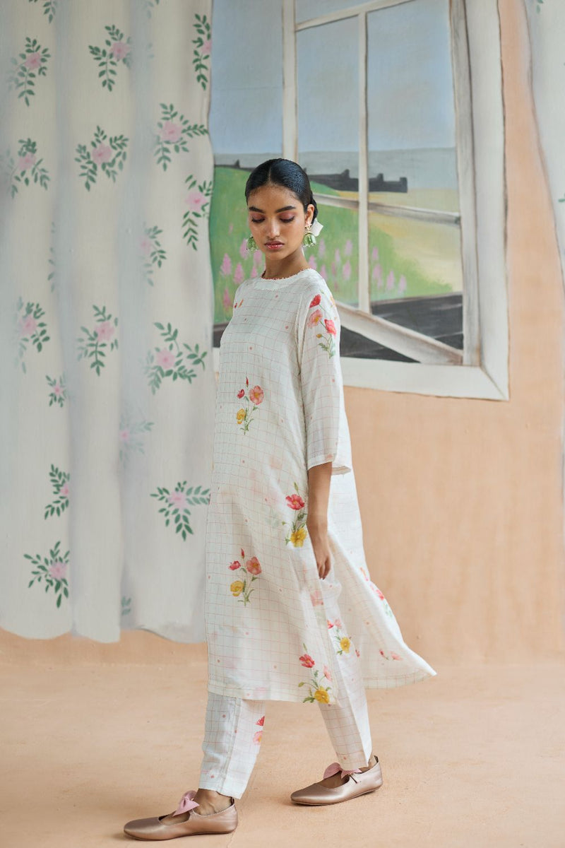 Poppy Long Kurta Set Mulberry Silk silk by Nadiya Paar in white color for women Worldwide