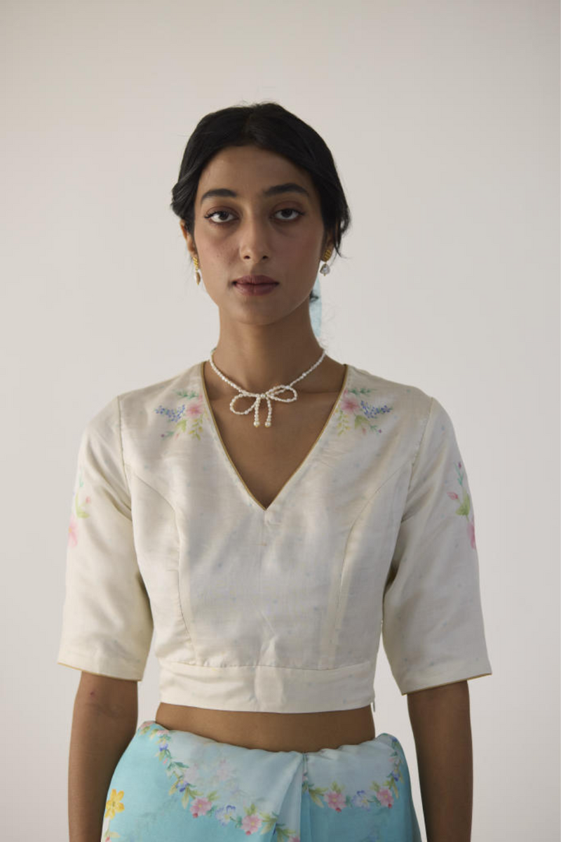 Bunch V Neck Mulberry Silk Blouse silk by Nadiya Paar in white color for women Worldwide