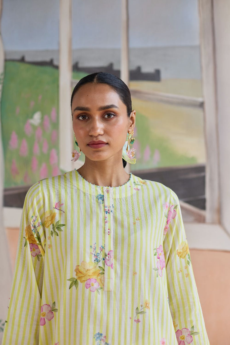 Serene Flora Mid Kurta Set cotton by Nadiya Paar in yellow color for women Worldwide