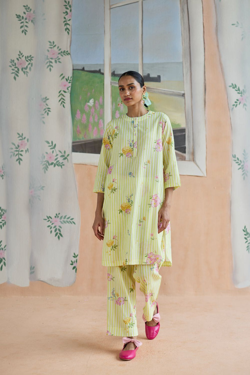 Serene Flora Mid Kurta Set cotton by Nadiya Paar in yellow color for women Worldwide