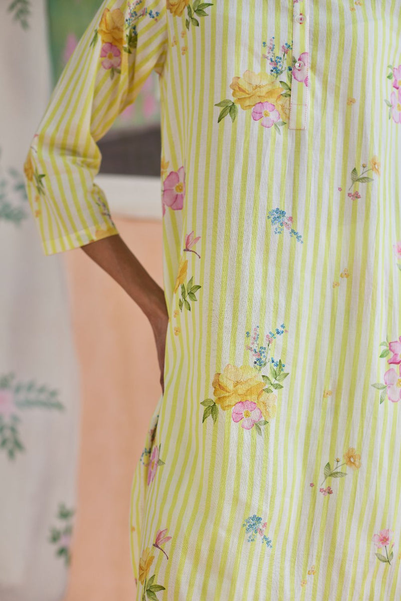 Serene Flora Mid Kurta Set cotton by Nadiya Paar in yellow color for women Worldwide