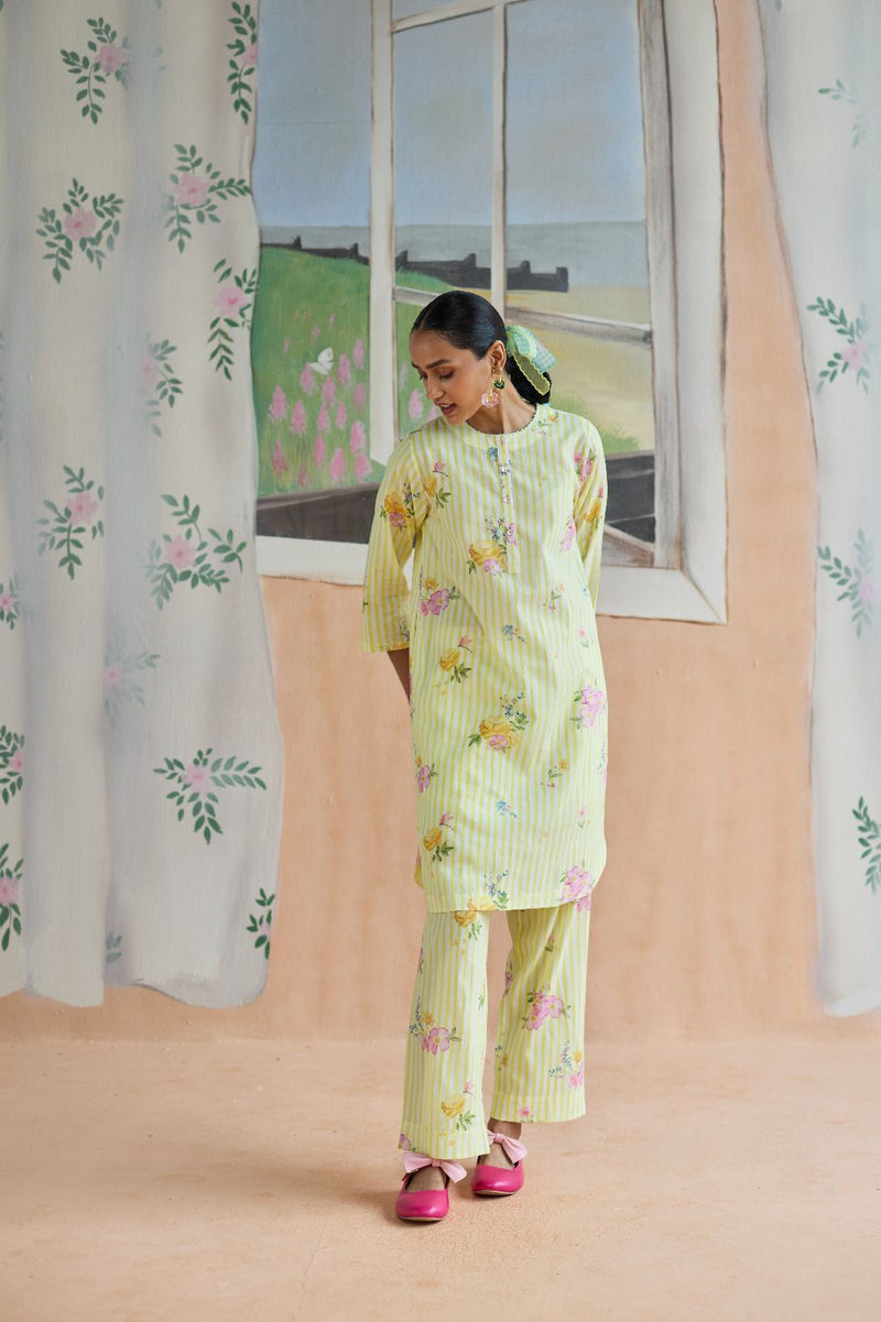 Serene Flora Mid Kurta Set cotton by Nadiya Paar in yellow color for women Worldwide