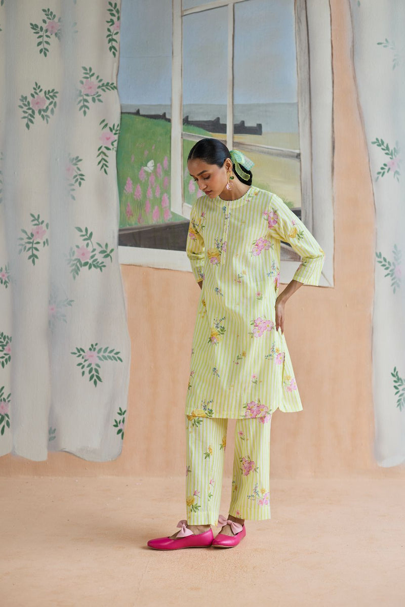 Serene Flora Mid Kurta Set cotton by Nadiya Paar in yellow color for women Worldwide