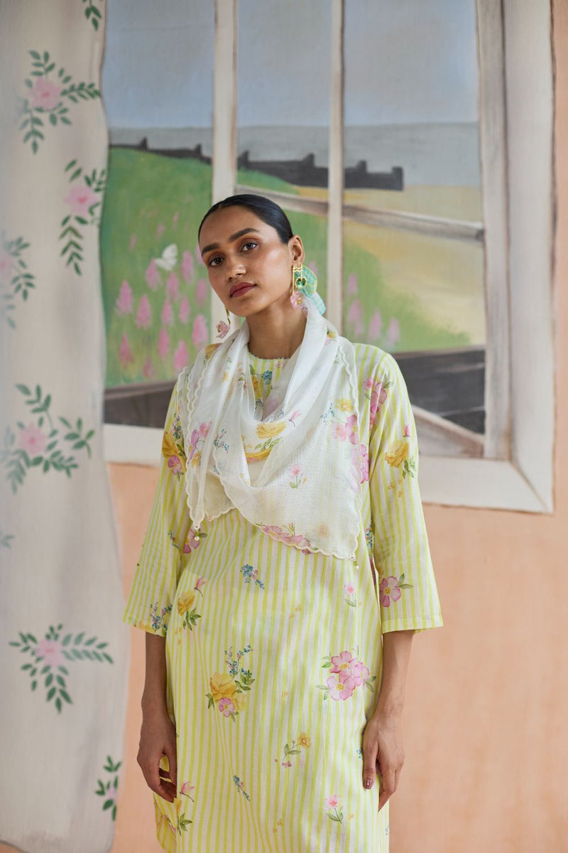 Serene Flora Mid Kurta Set cotton by Nadiya Paar in yellow color for women Worldwide