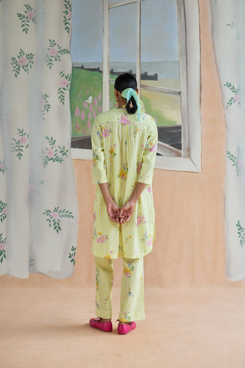 Serene Flora Mid Kurta Set cotton by Nadiya Paar in yellow color for women Worldwide
