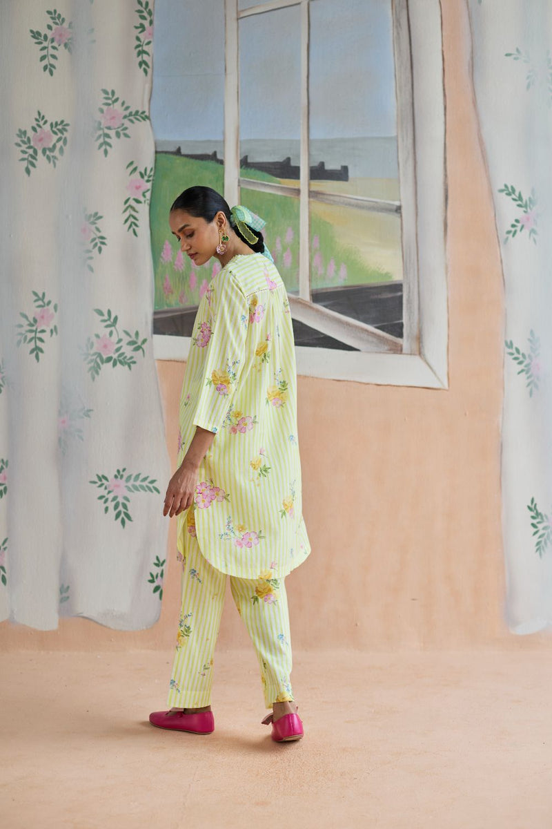 Serene Flora Mid Kurta Set cotton by Nadiya Paar in yellow color for women Worldwide