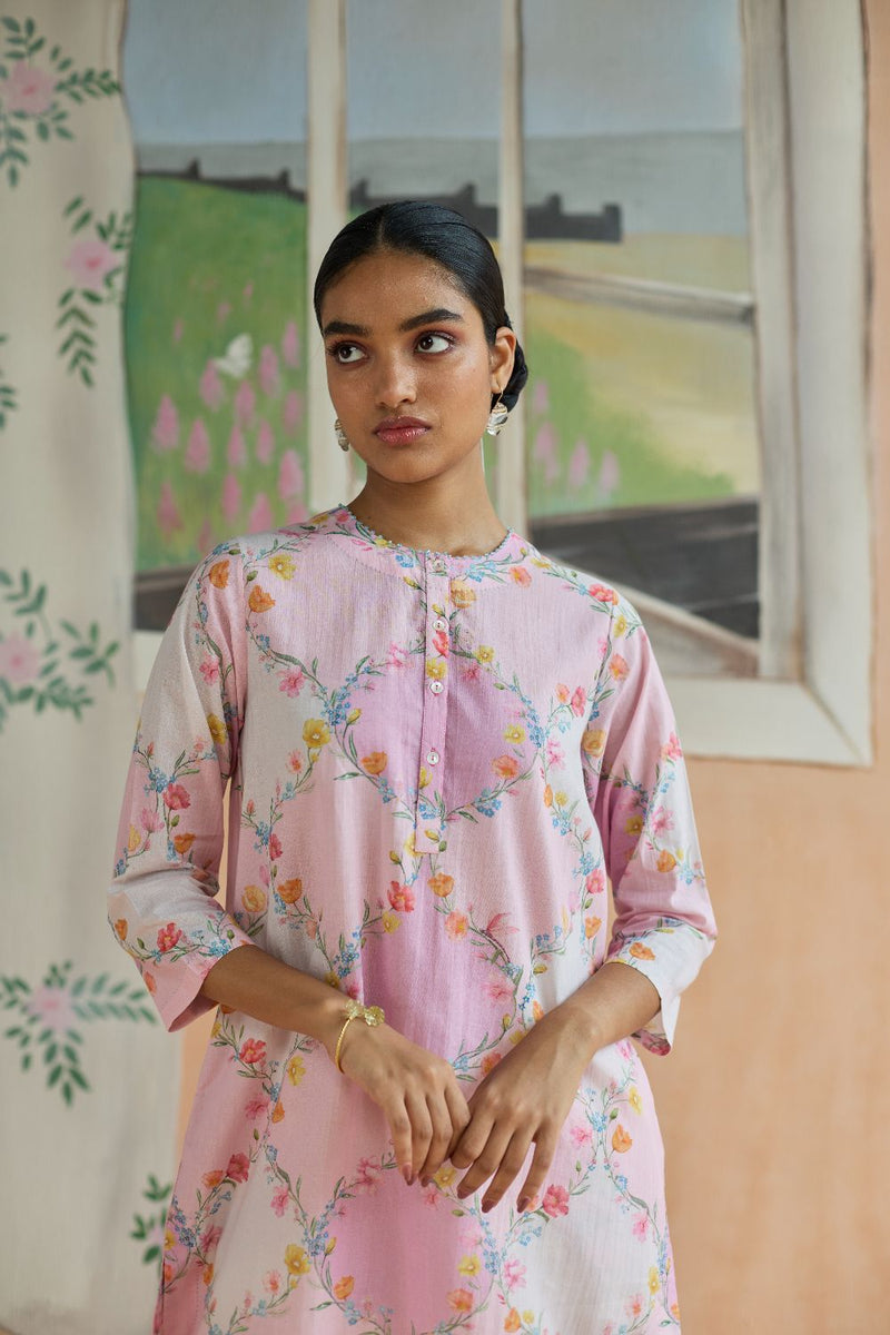 Drift and Dream Mid Kurta Set cotton by Nadiya Paar in pink color for women Worldwide