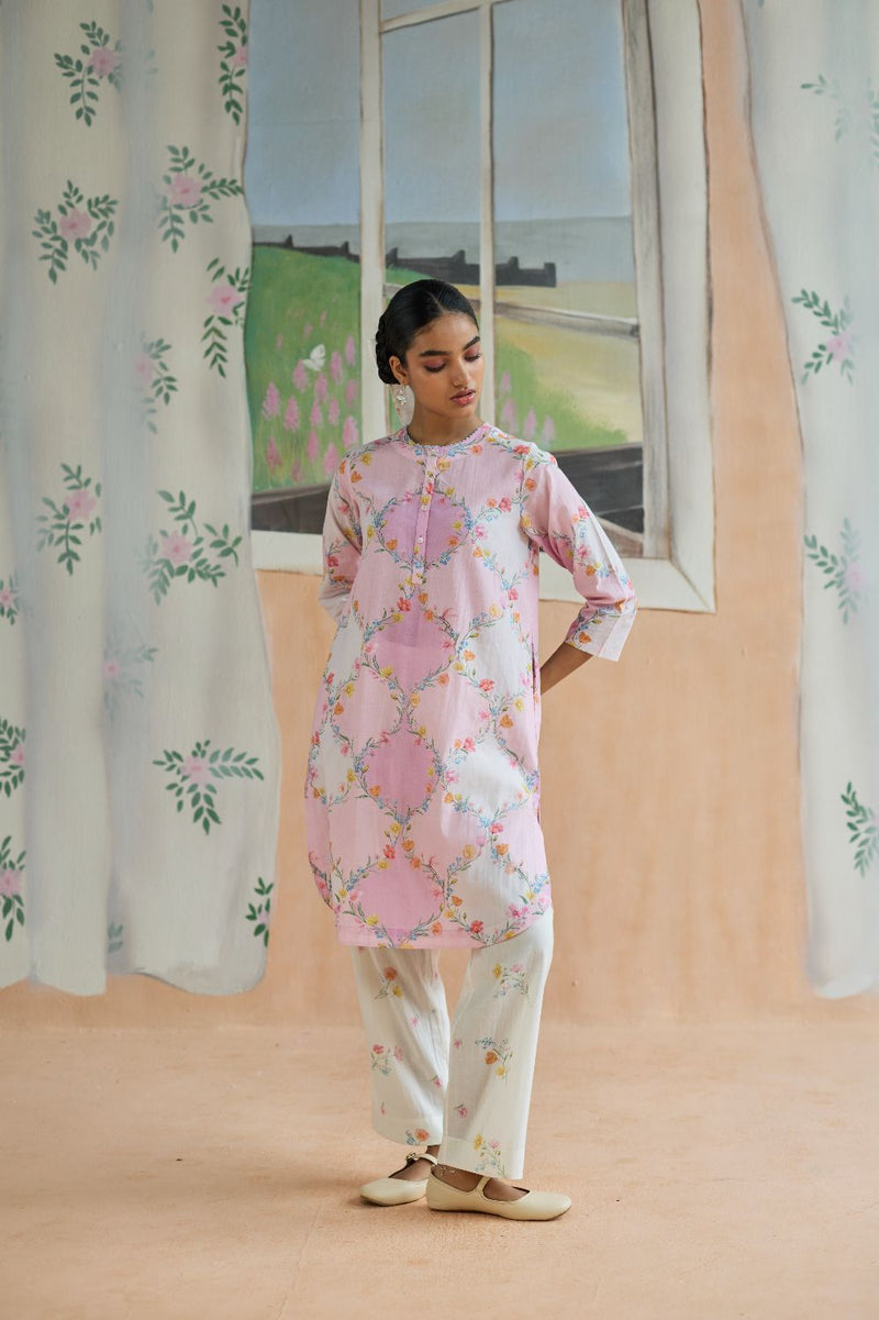 Drift and Dream Mid Kurta Set cotton by Nadiya Paar in pink color for women Worldwide