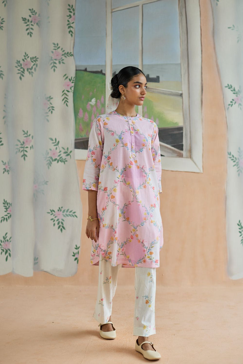 Drift and Dream Mid Kurta Set cotton by Nadiya Paar in pink color for women Worldwide