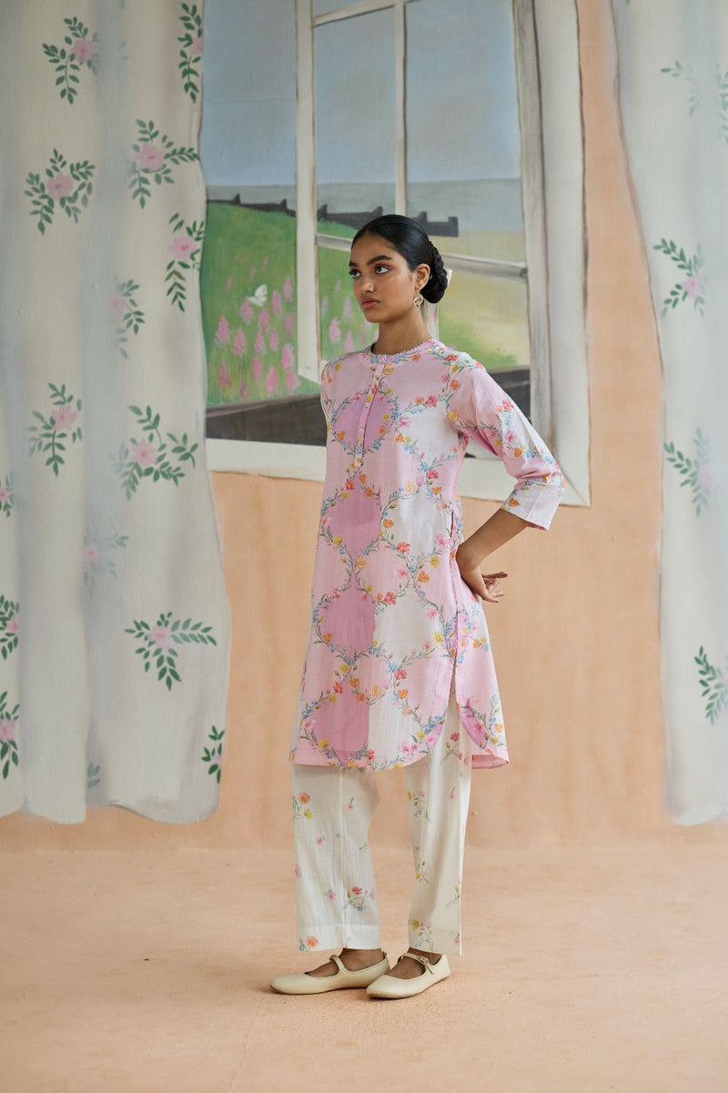 Drift and Dream Mid Kurta Set cotton by Nadiya Paar in pink color for women Worldwide