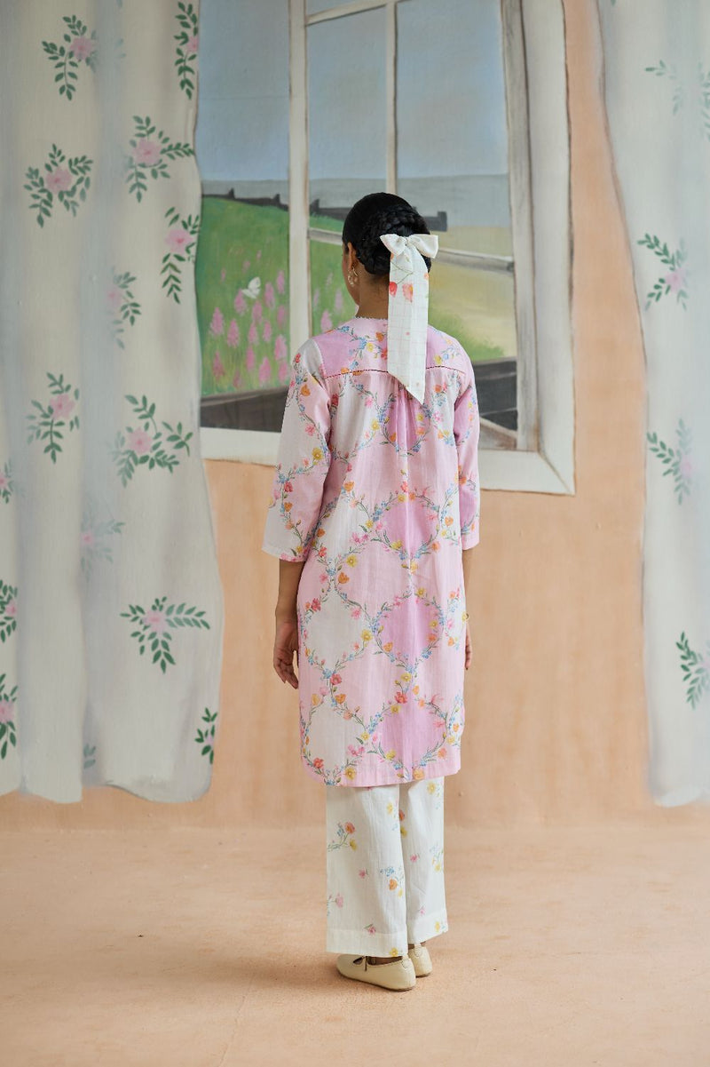 Drift and Dream Mid Kurta Set cotton by Nadiya Paar in pink color for women Worldwide
