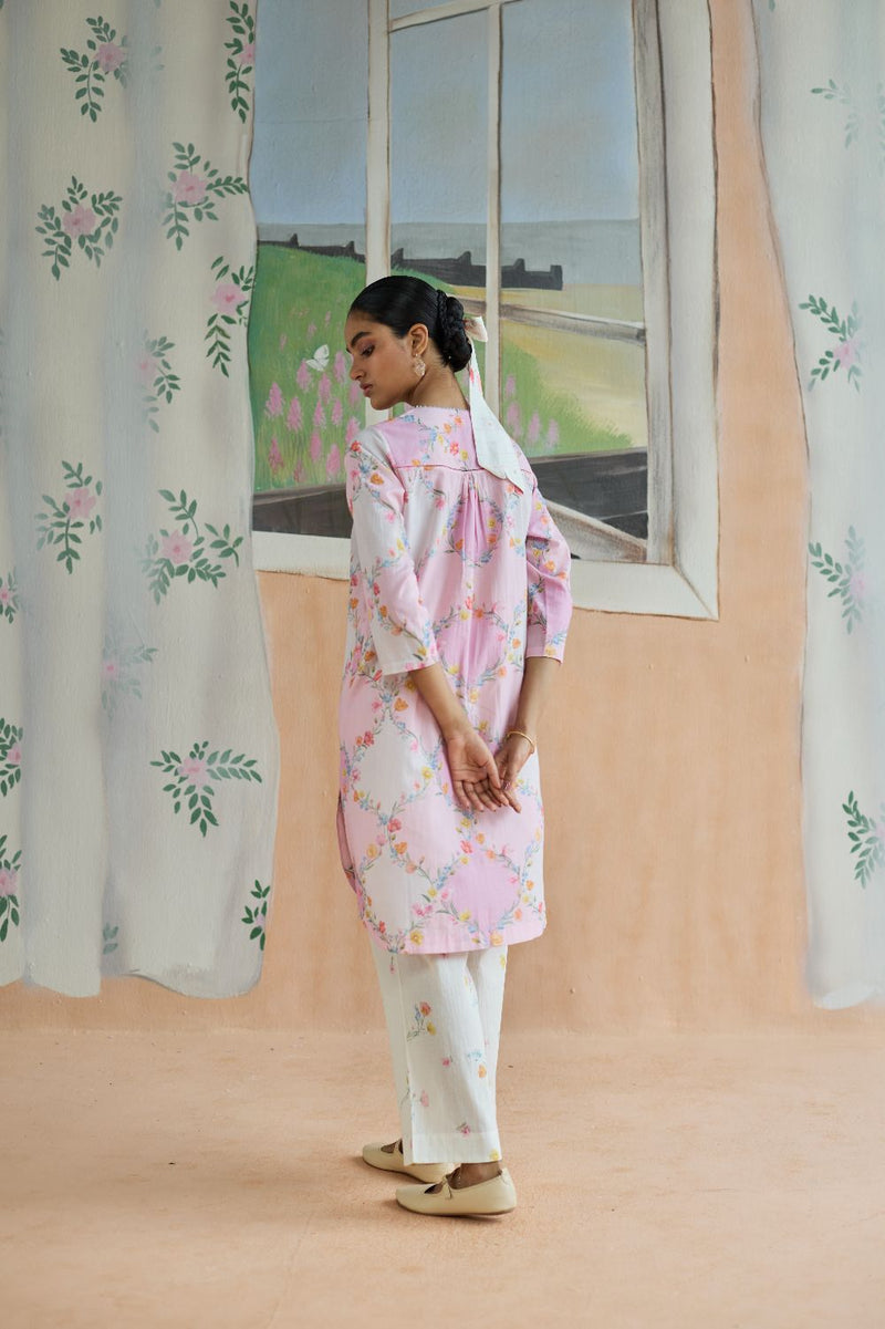 Drift and Dream Mid Kurta Set cotton by Nadiya Paar in pink color for women Worldwide