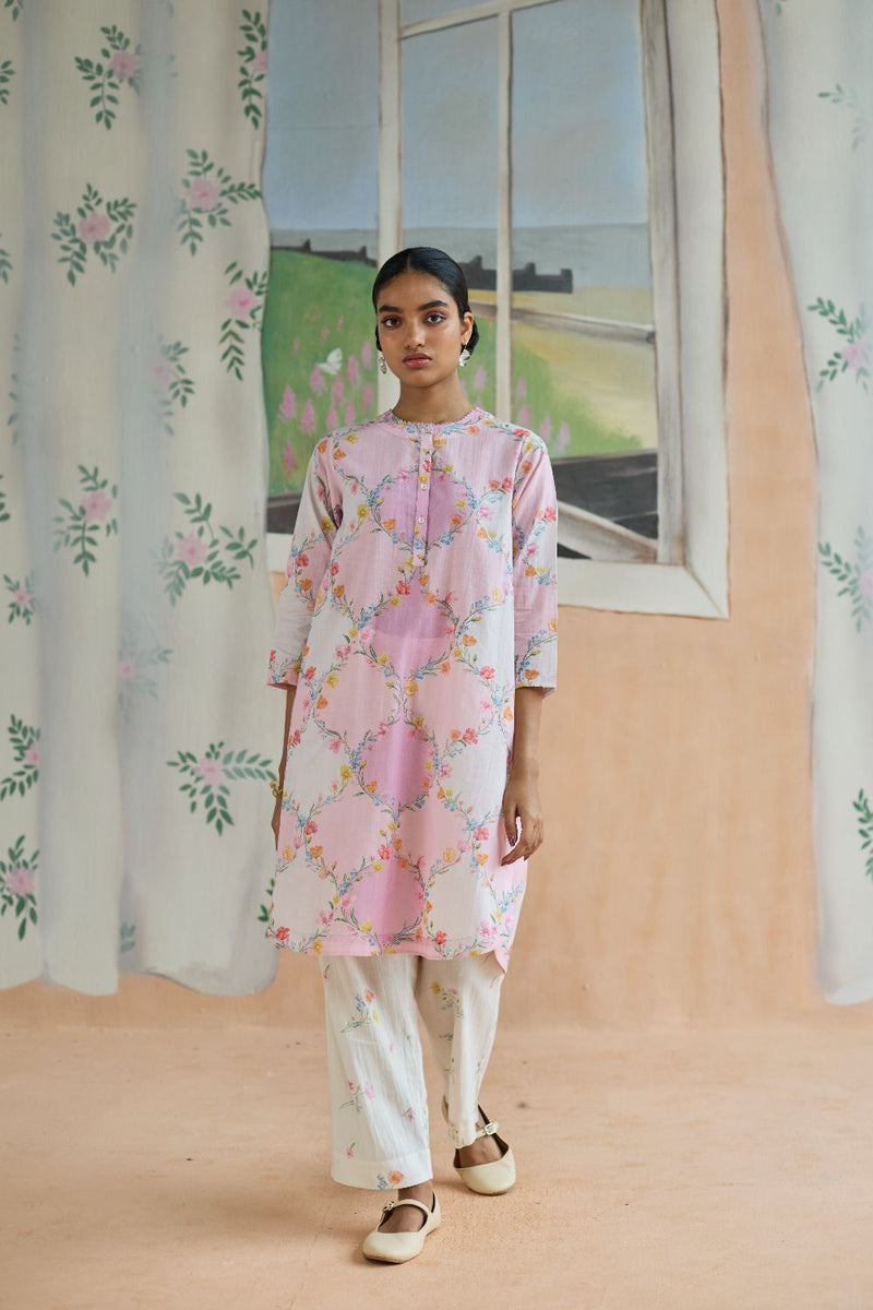 Drift and Dream Mid Kurta Set cotton by Nadiya Paar in pink color for women Worldwide