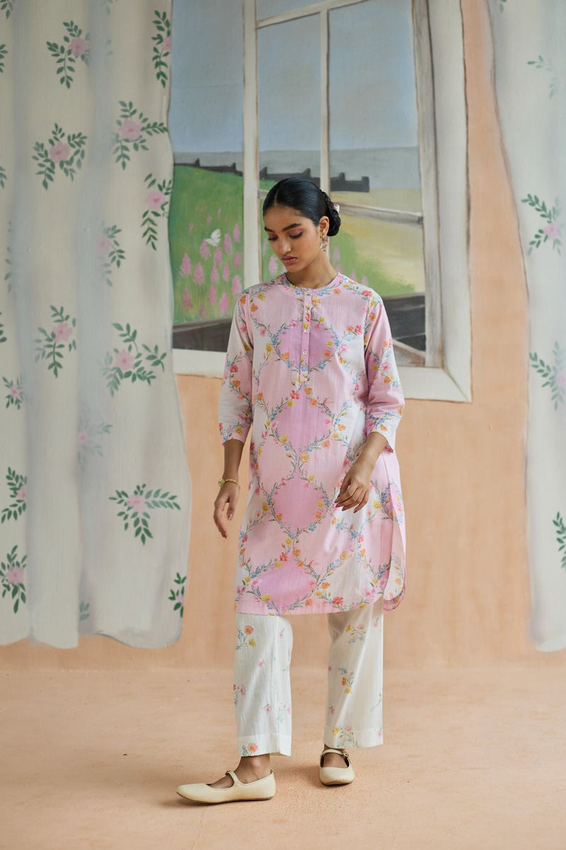 Drift and Dream Mid Kurta Set cotton by Nadiya Paar in pink color for women Worldwide