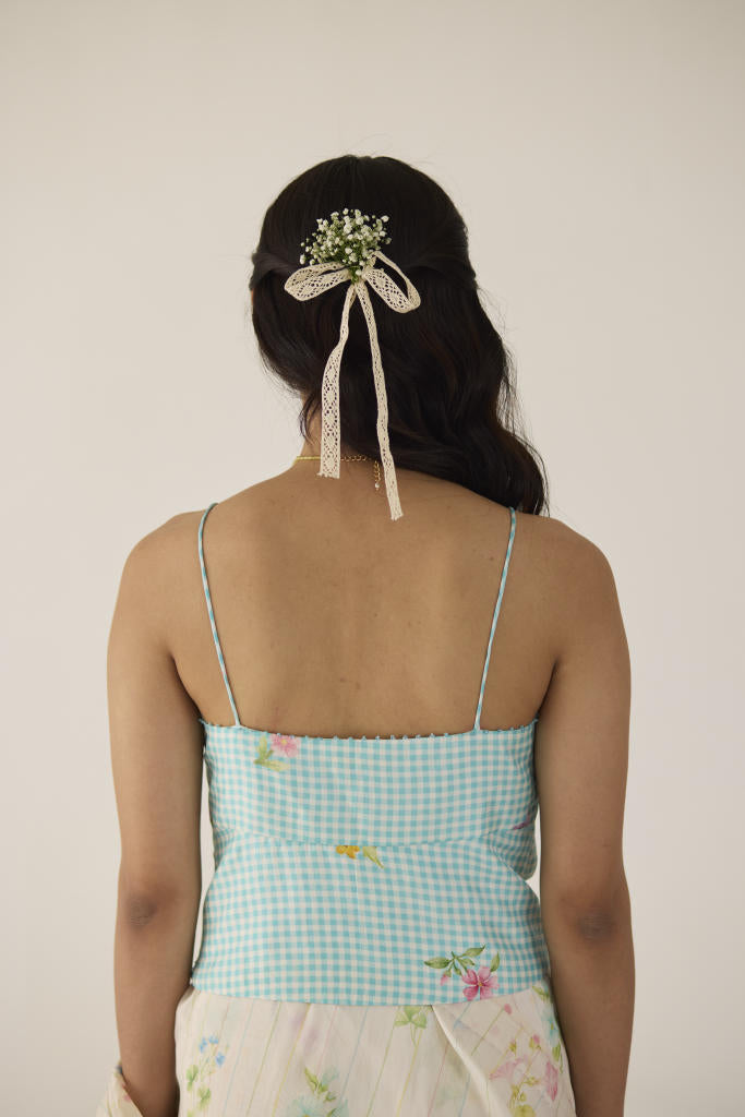 Serene Meadow Noodle Strap Blouse-blue silk by Nadiya Paar in pink color for women Worldwide