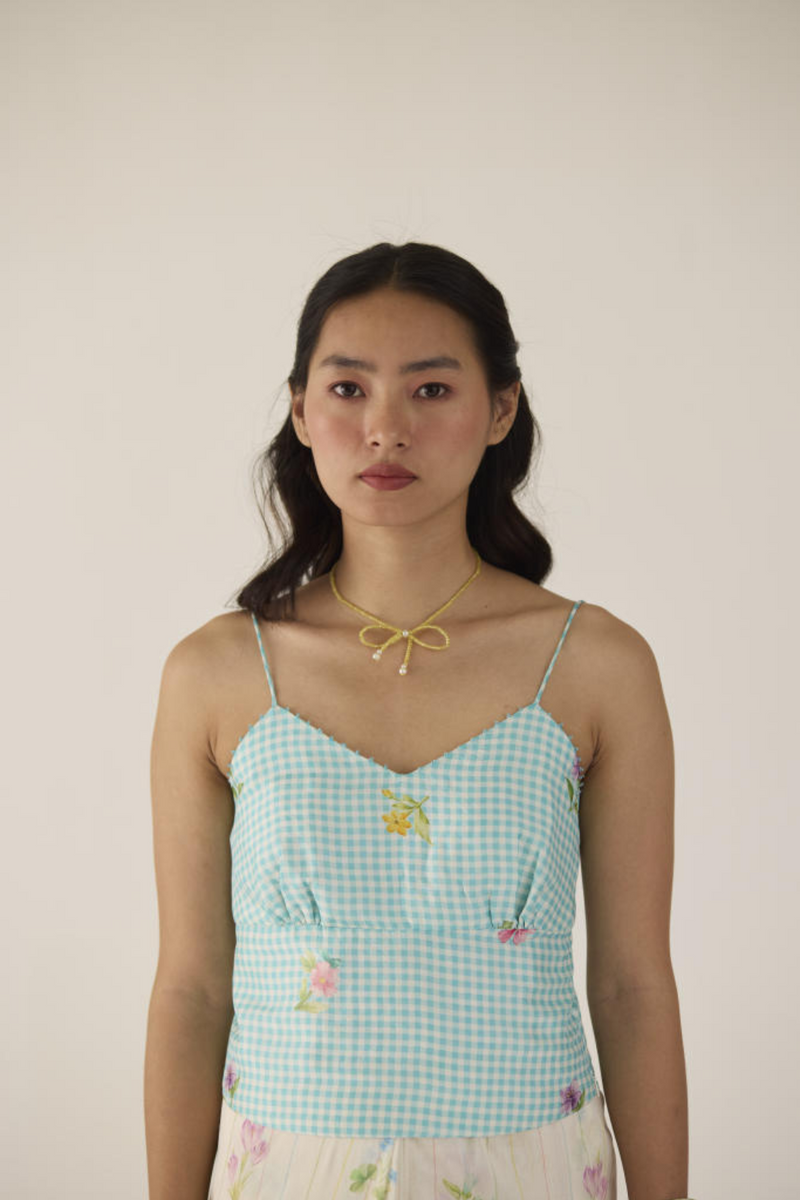 Serene Meadow Noodle Strap Blouse-blue silk by Nadiya Paar in pink color for women Worldwide
