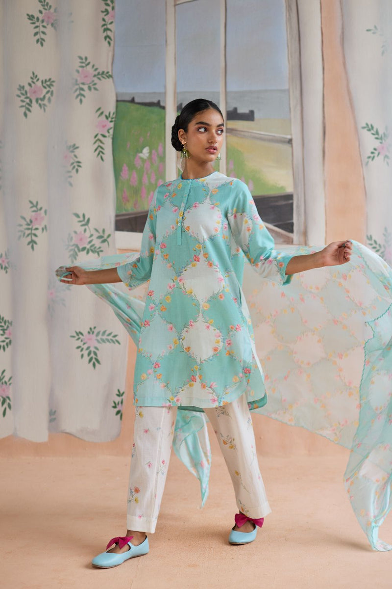 Drift and Dream Short Kurta Set cotton by Nadiya Paar in blue color for women Worldwide